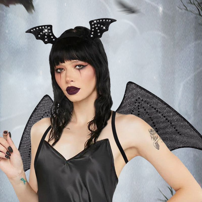 Gothic Aesthetic Halloween Crystal Bat Wings Headband Set Adult Gothic Cosplay Party Costume Accessories for Cosplay