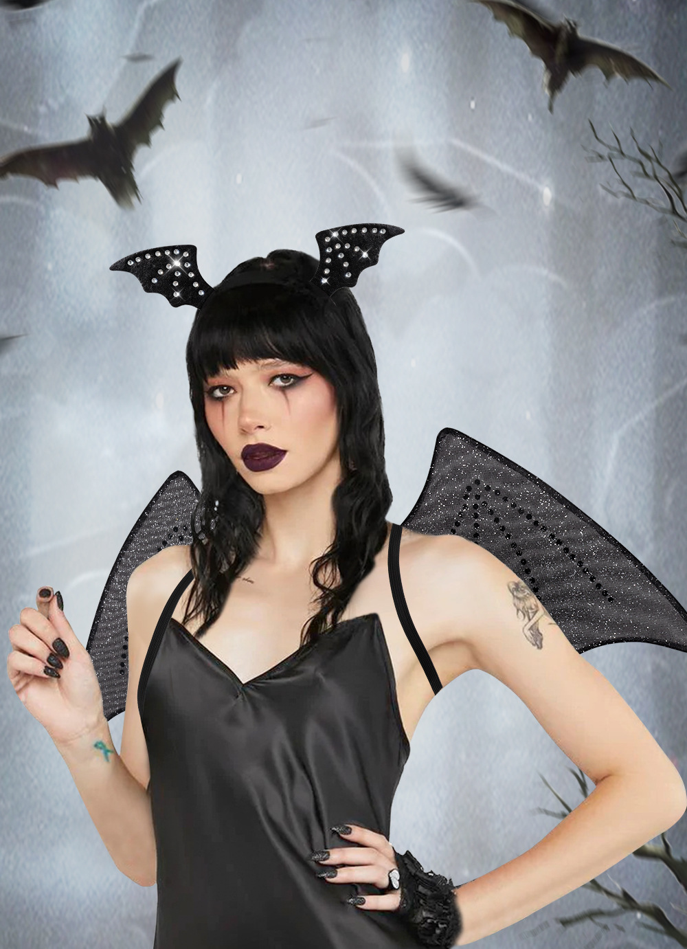 Gothic Aesthetic Halloween Crystal Bat Wings Headband Set Adult Gothic Cosplay Party Costume Accessories for Cosplay