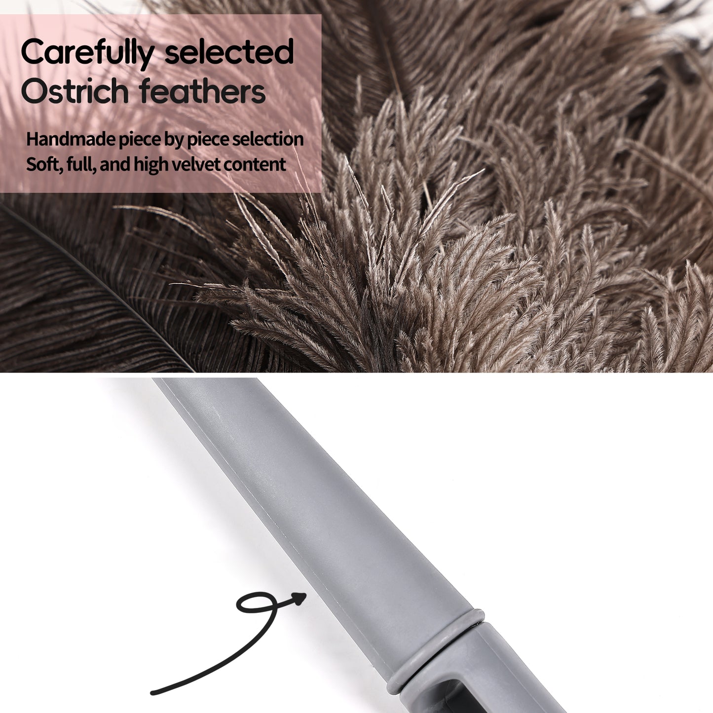 Car ostrich feather duster with gray plastic handle, capable of absorbing dust without raising dust