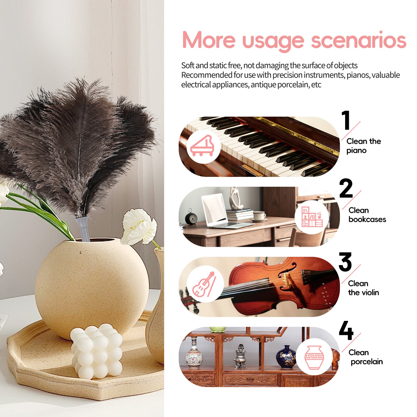 Car ostrich feather duster with gray plastic handle, capable of absorbing dust without raising dust