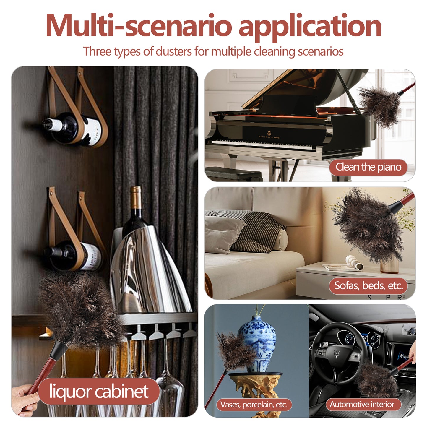 Natural ostrich feather duster with wooden handle, three lengths to choose from; Both adults and children can use it