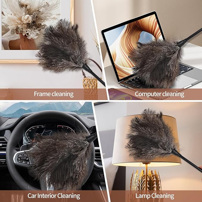 Ostrich Feather Duster-14.9 Inch Mini Natural Feathers Dusters with Plastic Handle Reusable Handheld for Cleaning Supplies Home Car Office