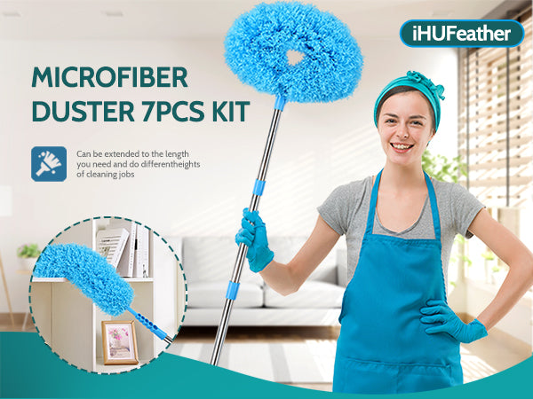 An extendable home cleaning fiber duster that does not harm the home; Cleaning the ceiling with a ceiling fan is very convenient