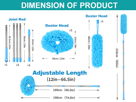 An extendable home cleaning fiber duster that does not harm the home; Cleaning the ceiling with a ceiling fan is very convenient