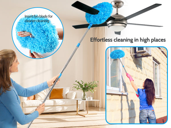 An extendable home cleaning fiber duster that does not harm the home; Cleaning the ceiling with a ceiling fan is very convenient