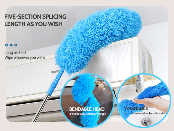 An extendable home cleaning fiber duster that does not harm the home; Cleaning the ceiling with a ceiling fan is very convenient