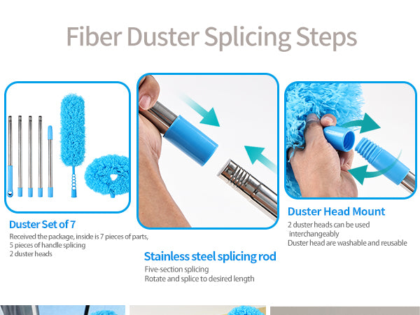 An extendable home cleaning fiber duster that does not harm the home; Cleaning the ceiling with a ceiling fan is very convenient