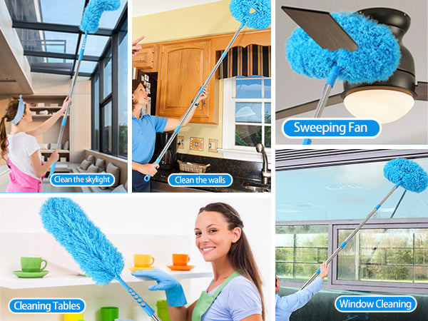 An extendable home cleaning fiber duster that does not harm the home; Cleaning the ceiling with a ceiling fan is very convenient