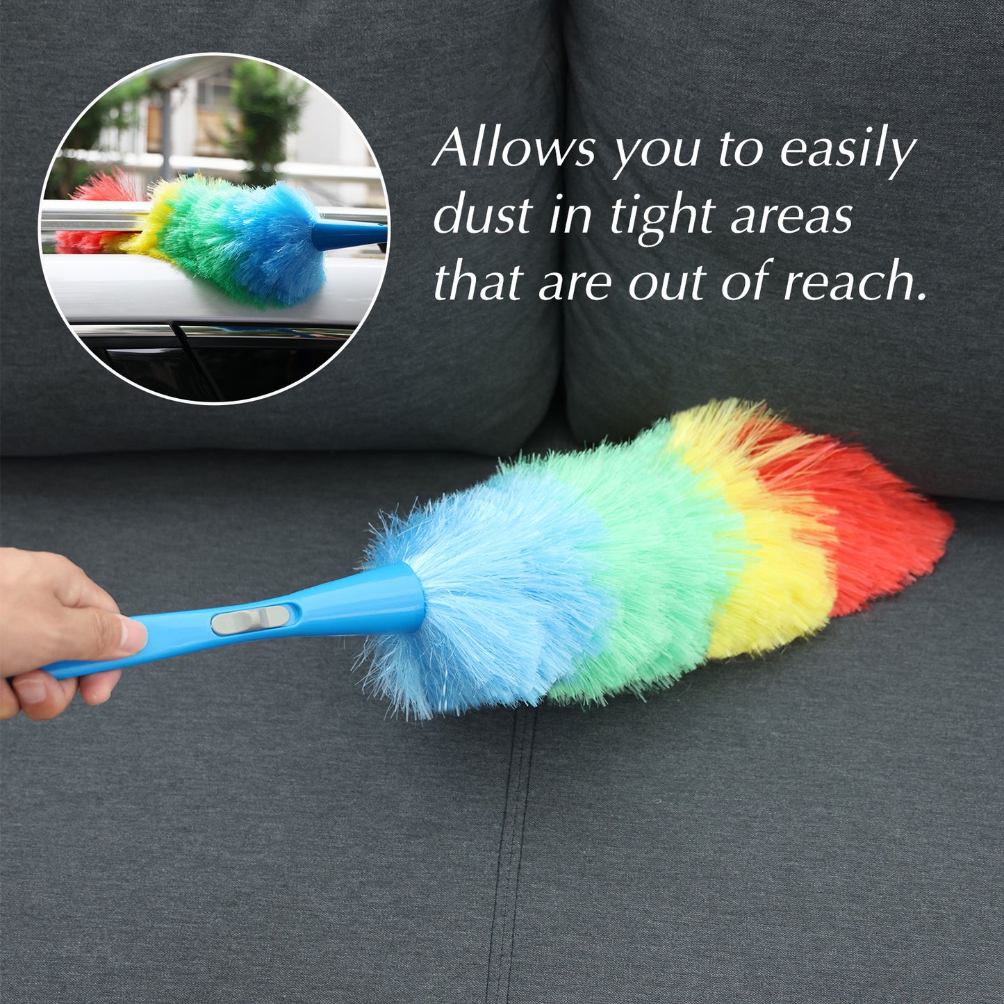 Detachable rainbow colored plastic fiber duster, very effective in cleaning the exterior of vehicles and sweeping dust