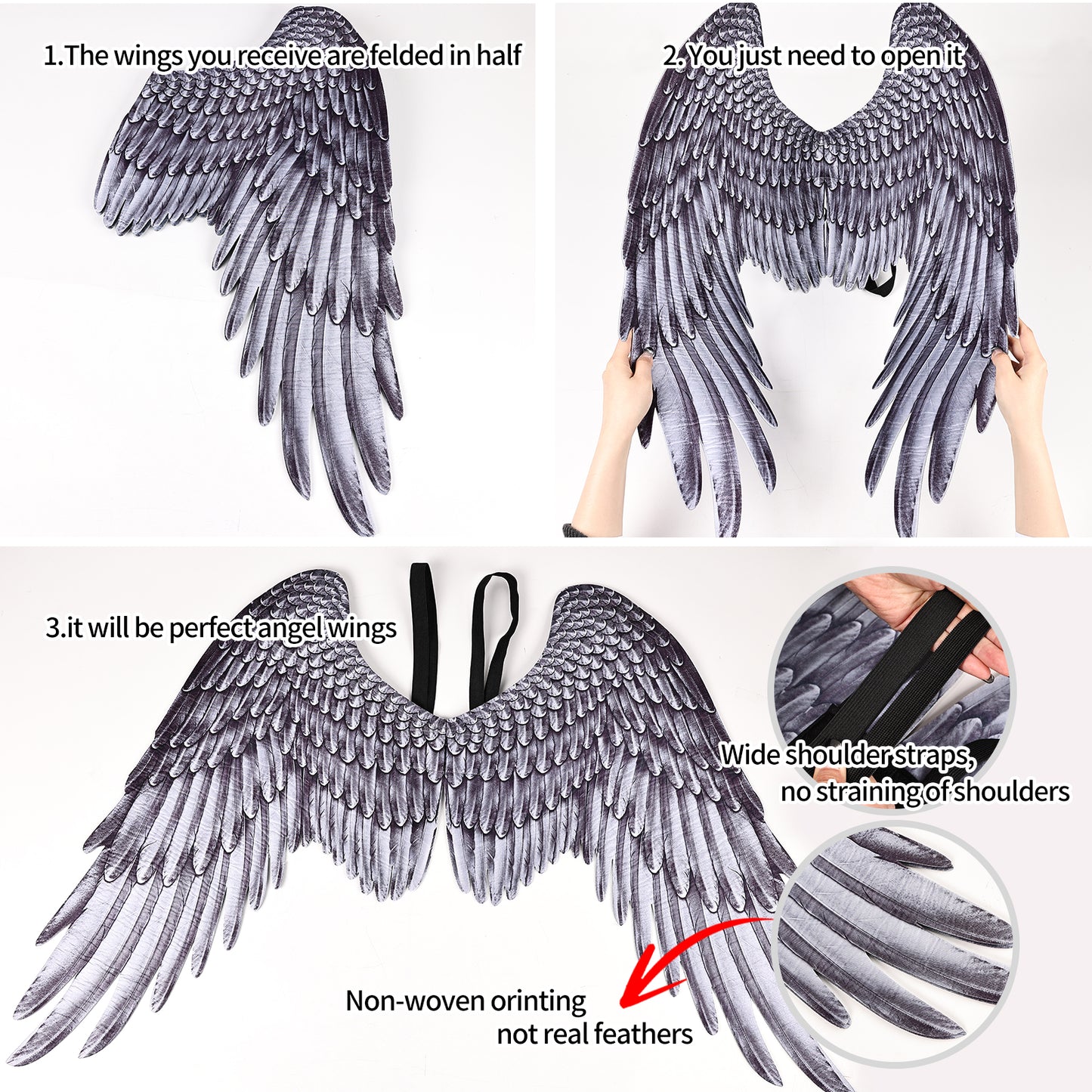 Customizable 3D Printed Cosplay Photo Prop Elegant Black Feather Angel Wings for Birthday Parties Cosplay Halloween