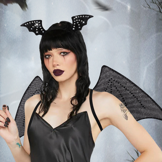 Gothic Aesthetic Halloween Crystal Bat Wings Headband Set Adult Gothic Cosplay Party Costume Accessories for Cosplay