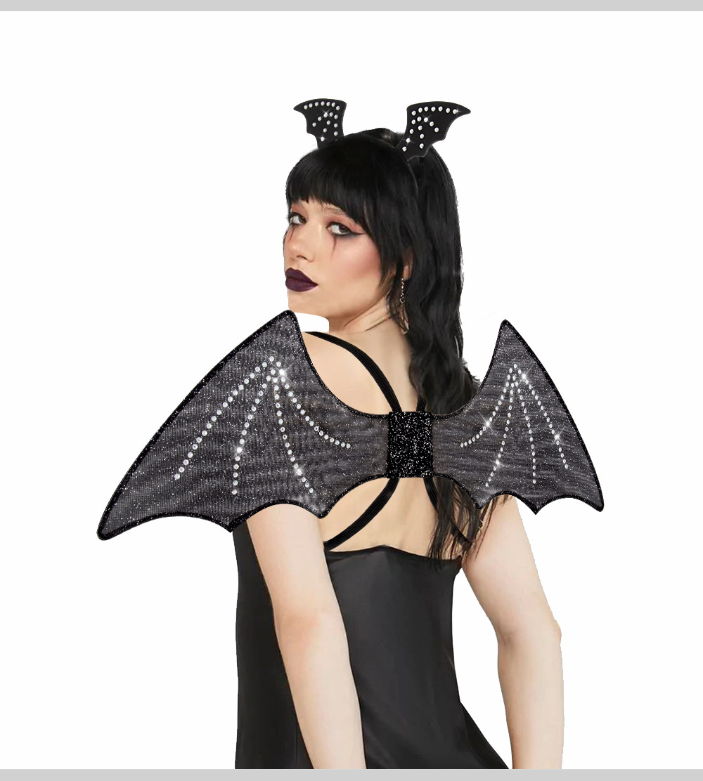 Gothic Aesthetic Halloween Crystal Bat Wings Headband Set Adult Gothic Cosplay Party Costume Accessories for Cosplay