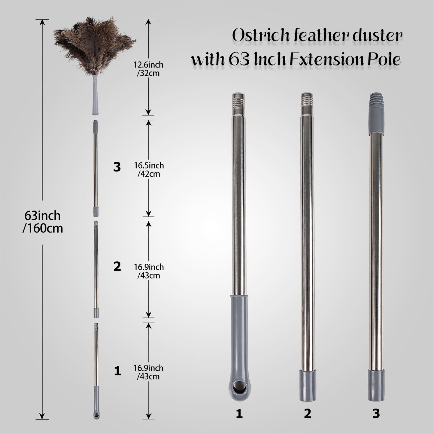 Ostrich feather duster that can be disassembled into three poles, convenient for storage, and has strong adsorption ability