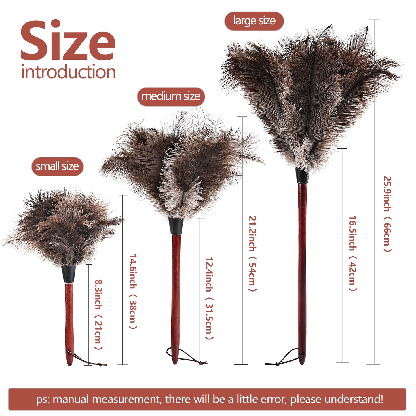Natural ostrich feather duster with wooden handle, three lengths to choose from; Both adults and children can use it
