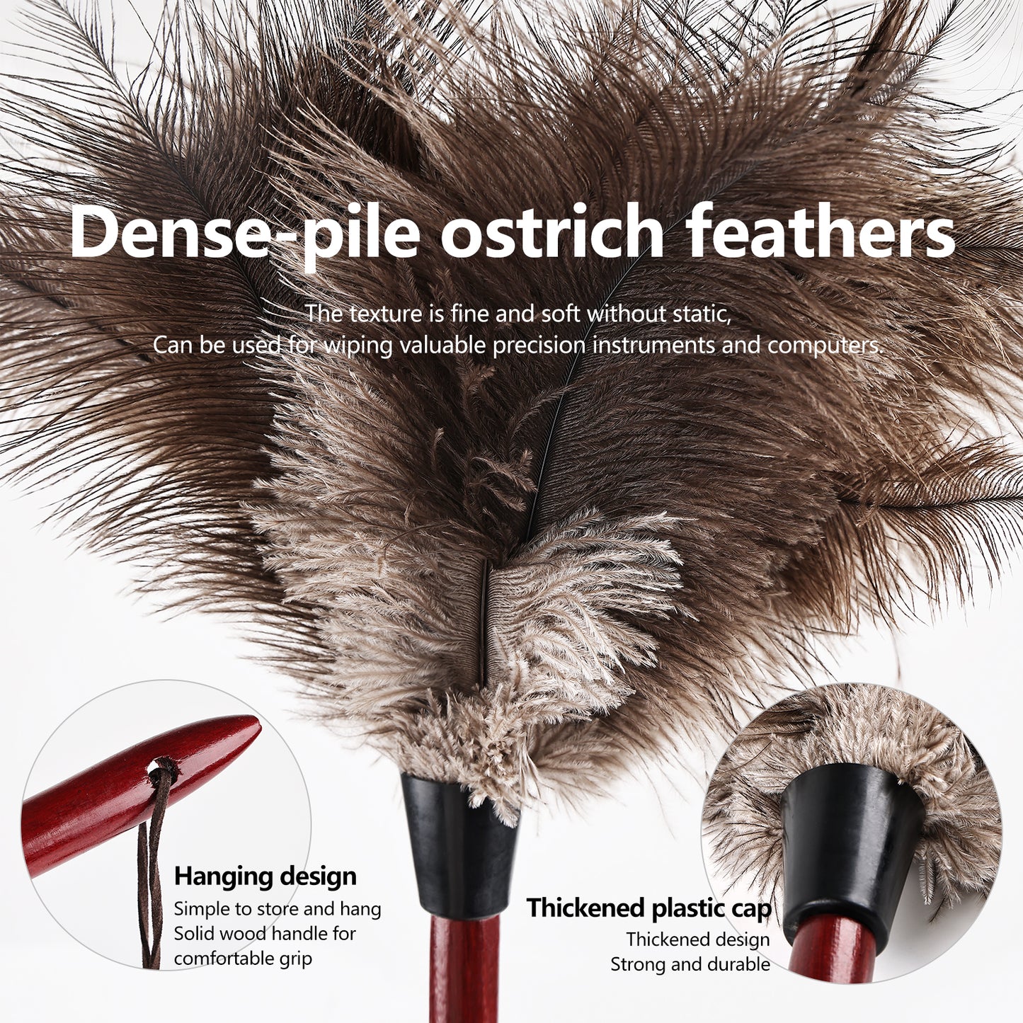Natural ostrich feather duster with wooden handle, three lengths to choose from; Both adults and children can use it