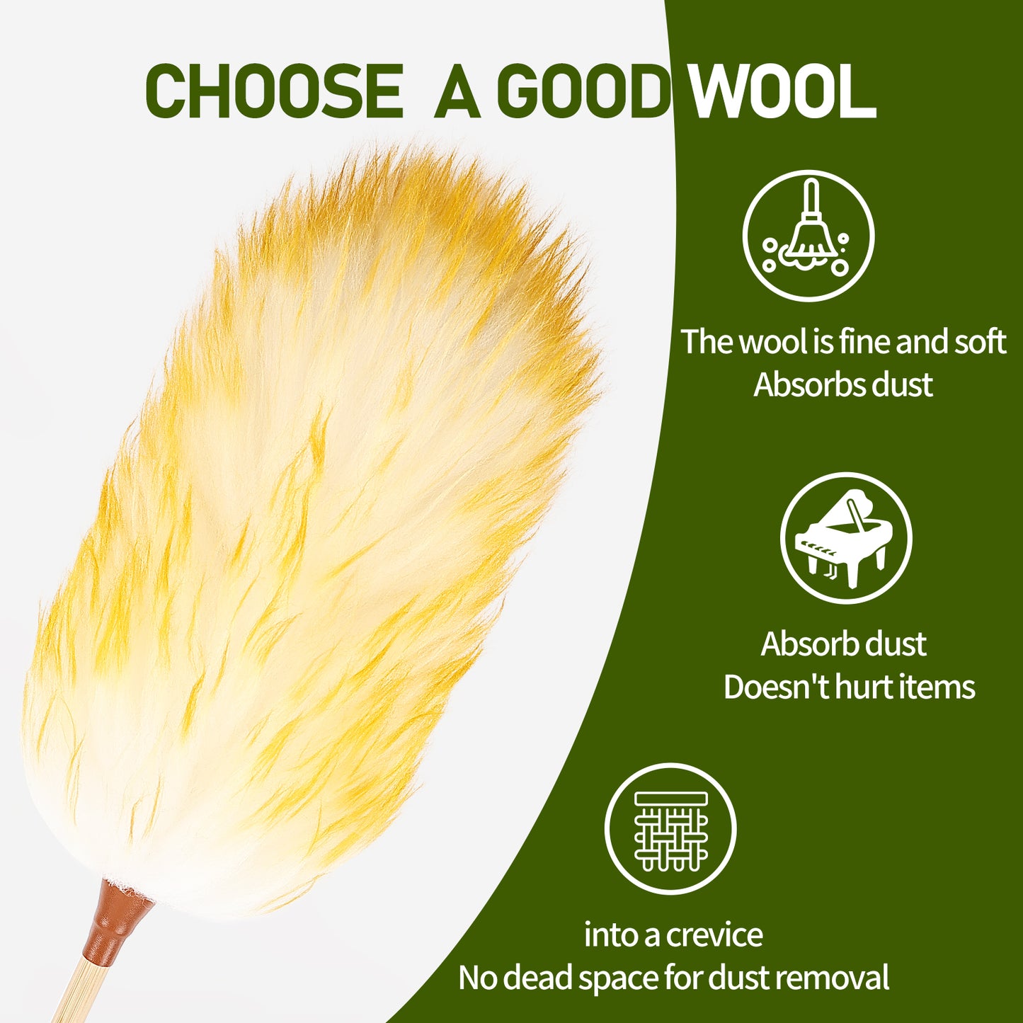 Lightweight and compact bamboo handle wool duster, beautiful without shedding hair, capable of absorbing dust without raising dust; Cleaning is very convenient