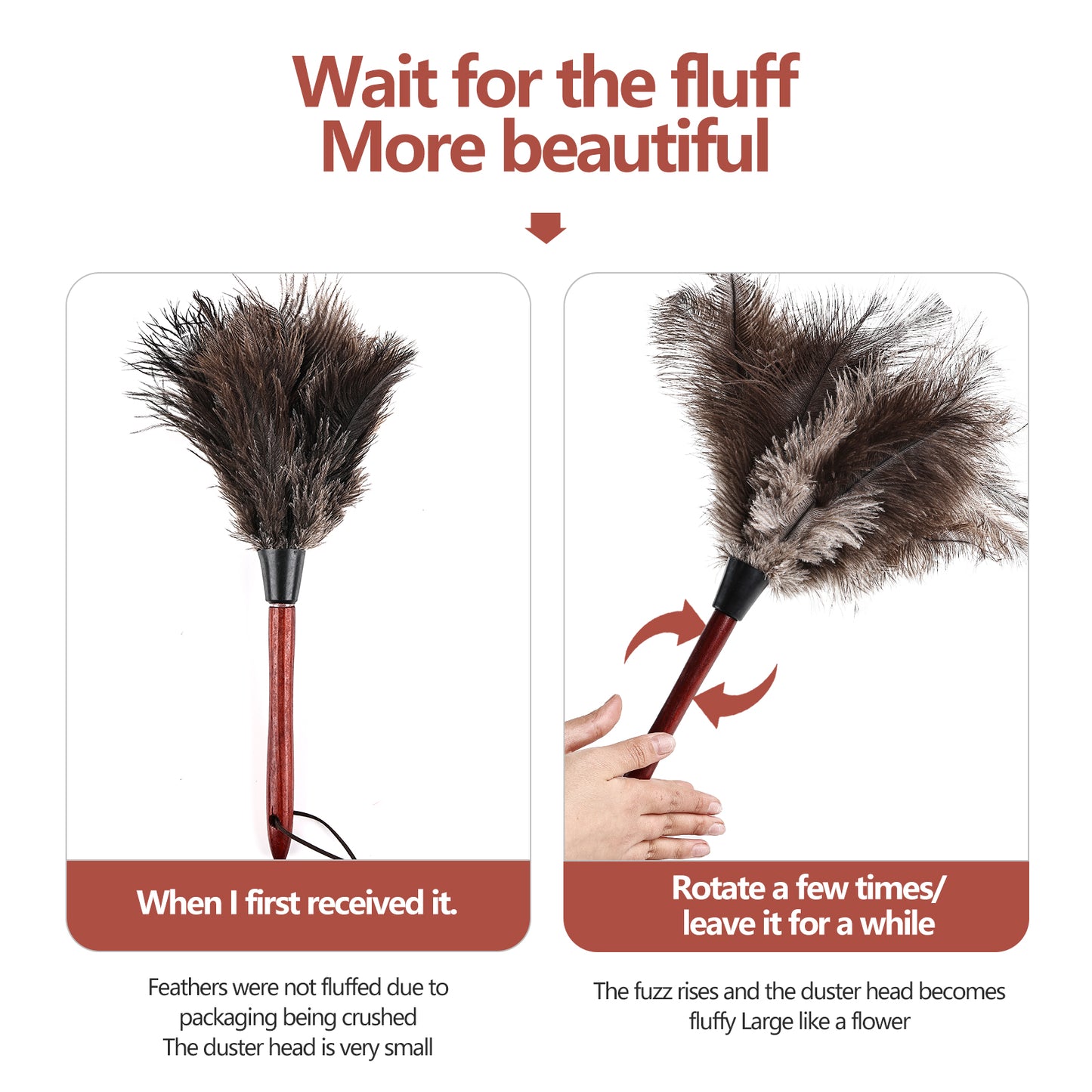 Natural ostrich feather duster with wooden handle, three lengths to choose from; Both adults and children can use it