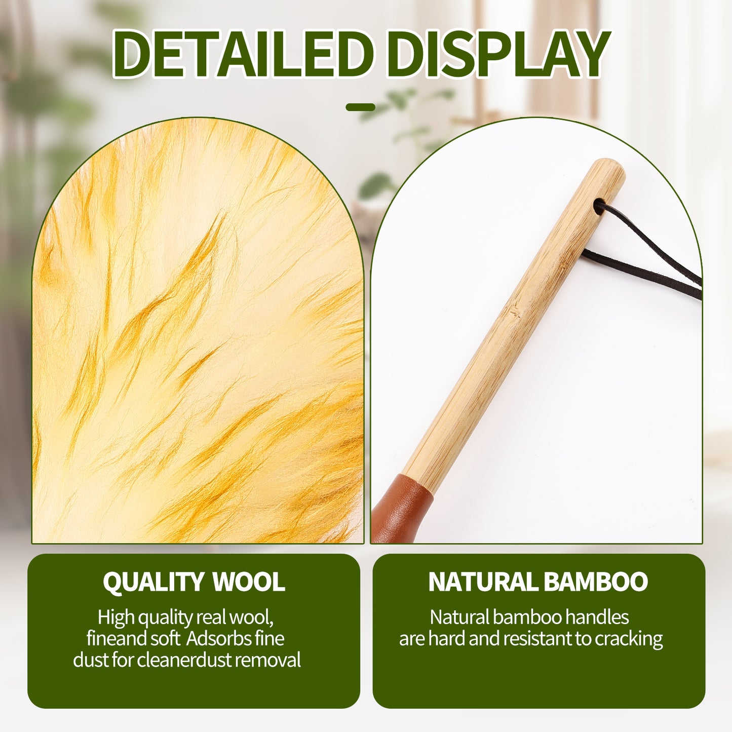 Lightweight and compact bamboo handle wool duster, beautiful without shedding hair, capable of absorbing dust without raising dust; Cleaning is very convenient