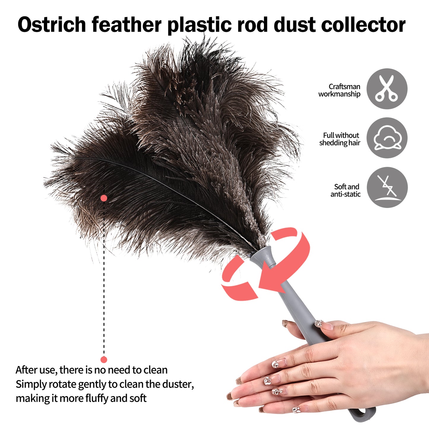 Car ostrich feather duster with gray plastic handle, capable of absorbing dust without raising dust