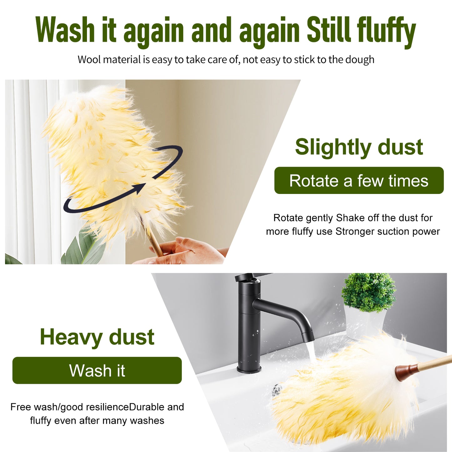 Lightweight and compact bamboo handle wool duster, beautiful without shedding hair, capable of absorbing dust without raising dust; Cleaning is very convenient