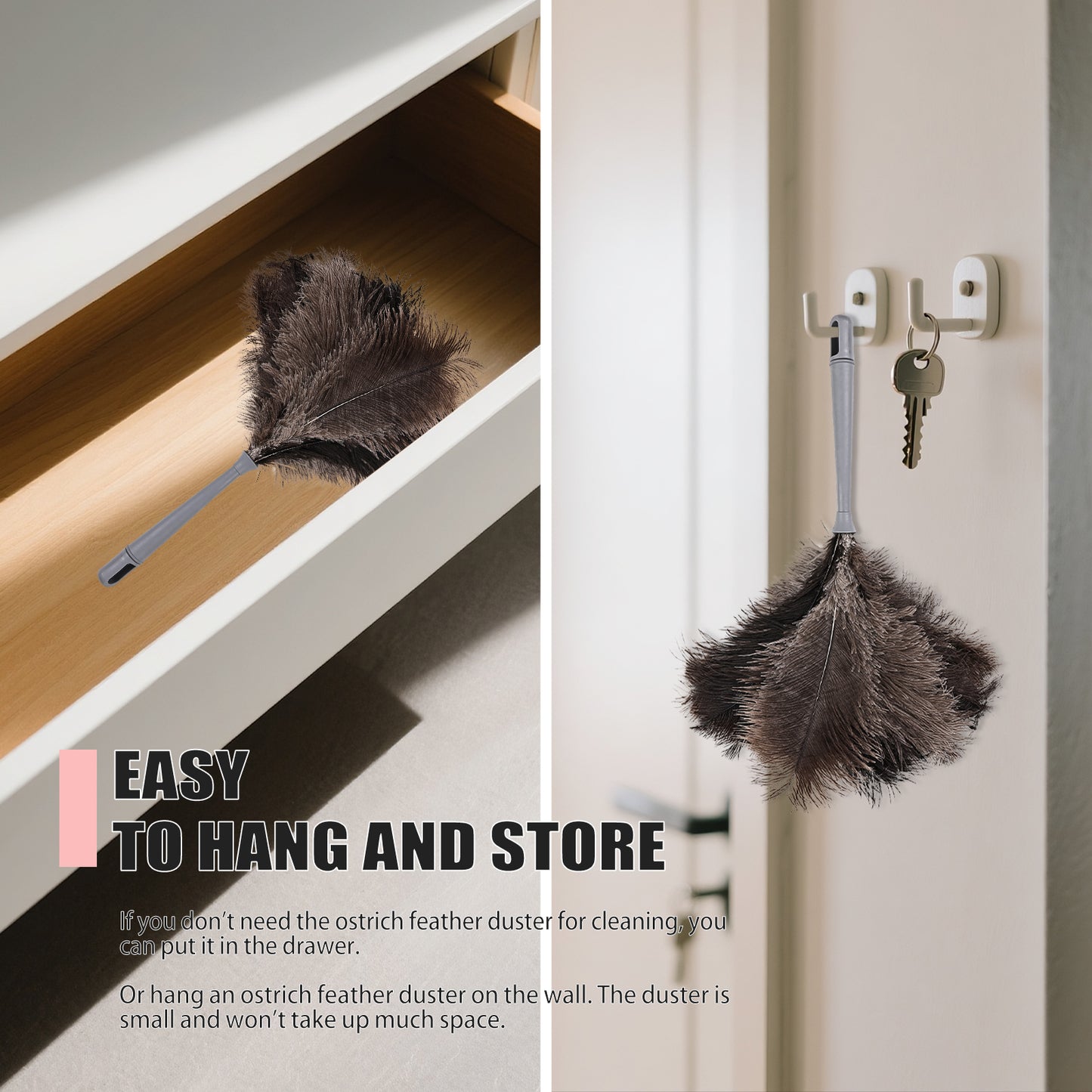 Car ostrich feather duster with gray plastic handle, capable of absorbing dust without raising dust