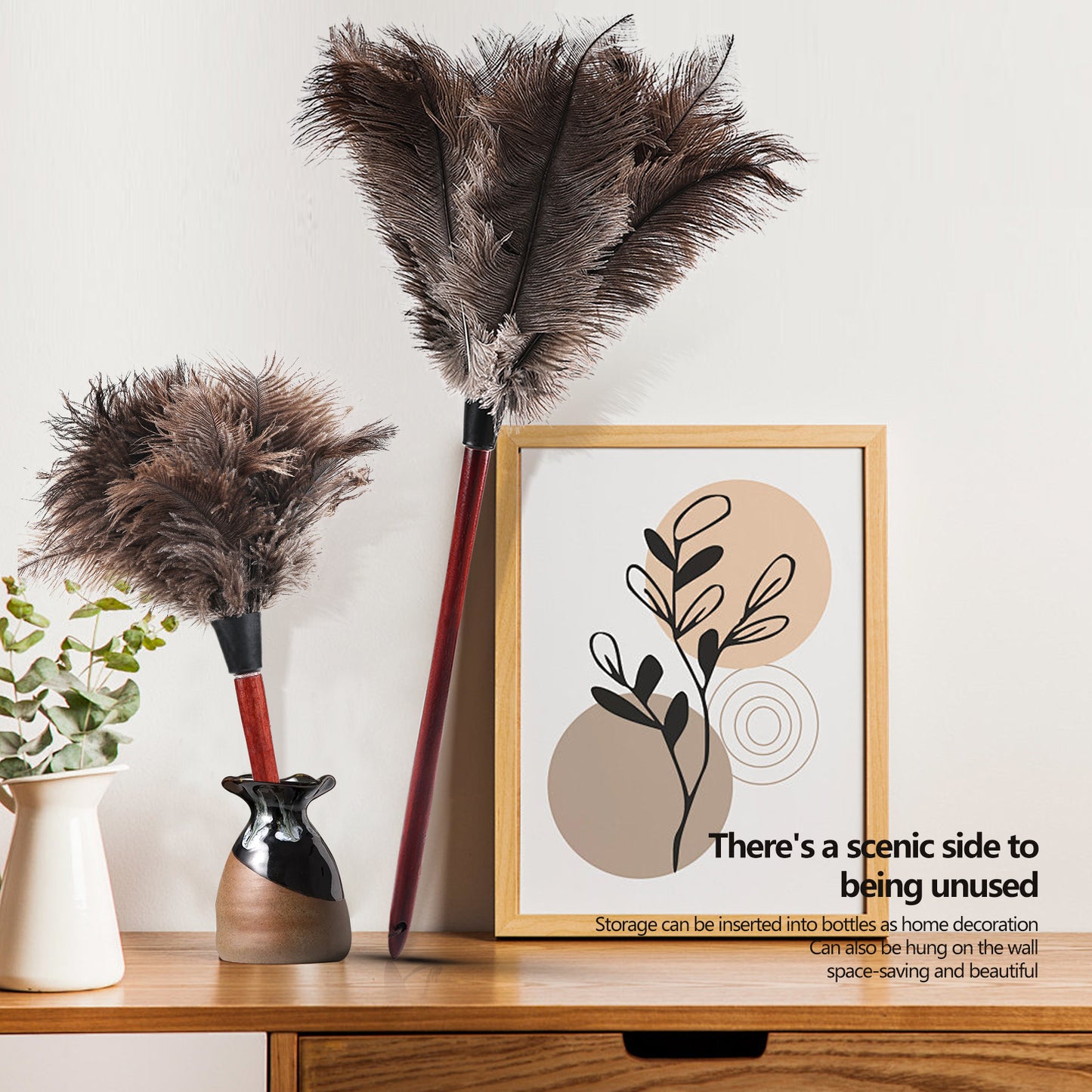 Natural ostrich feather duster with wooden handle, three lengths to choose from; Both adults and children can use it