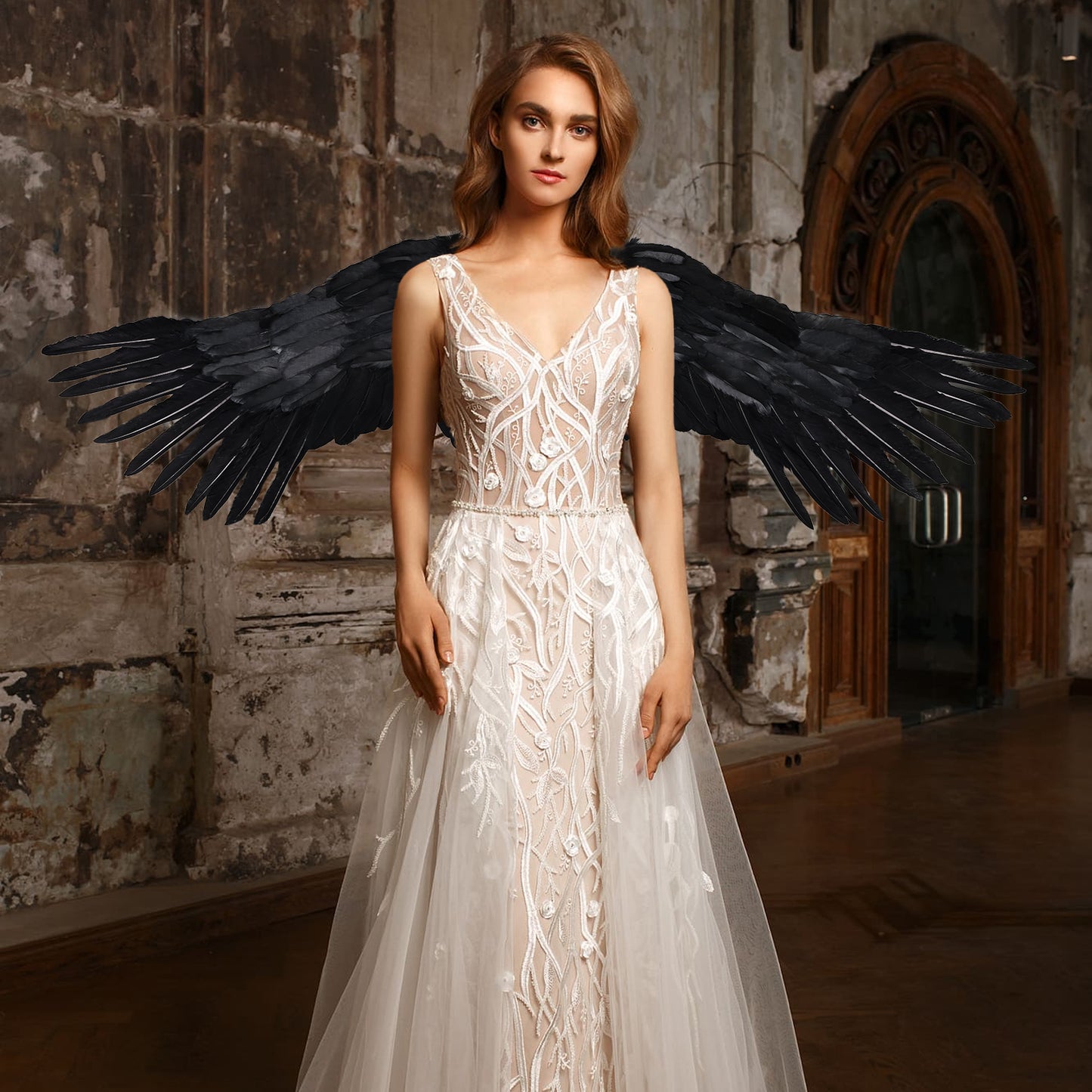 Black feather wings, cyberpunk mechanical wing costume shooting wing props