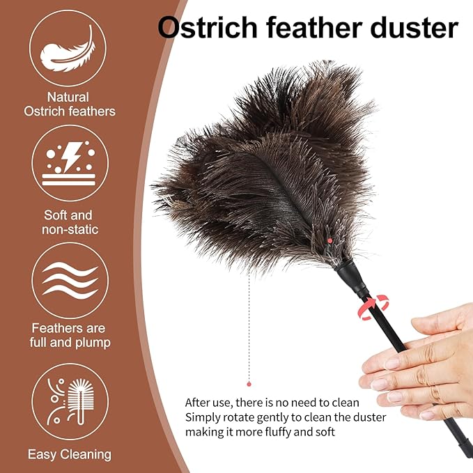 Ostrich Feather Duster-14.9 Inch Mini Natural Feathers Dusters with Plastic Handle Reusable Handheld for Cleaning Supplies Home Car Office