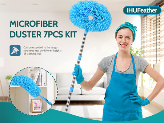 An extendable home cleaning fiber duster that does not harm the home; Cleaning the ceiling with a ceiling fan is very convenient