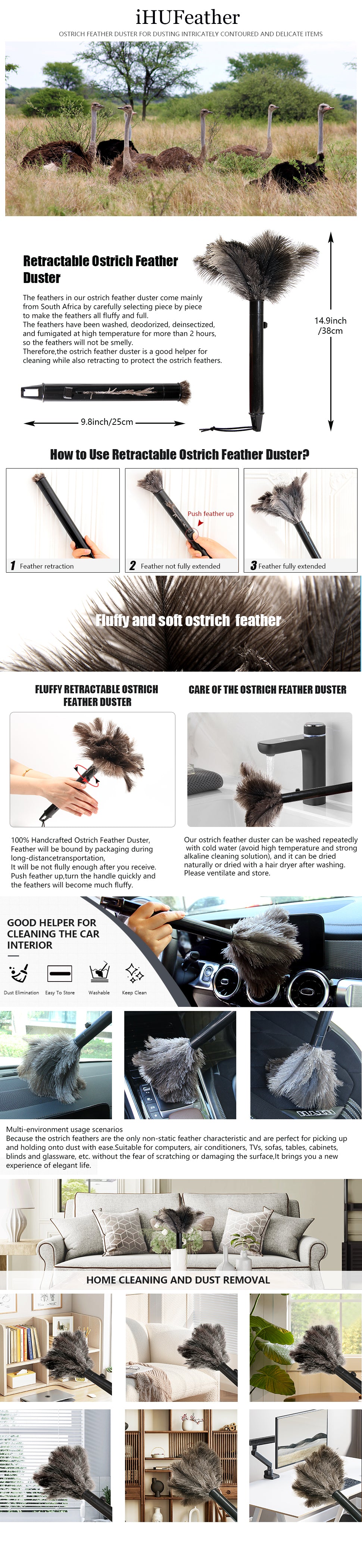 Retractable Feather Duster-Genuine Ostrich Feathers,Anti-Static,Reusable Eco-Friendly Handheld Cleaning for Keyboard,Home,Car,Office(10 to 15 Inches) 1 Pack